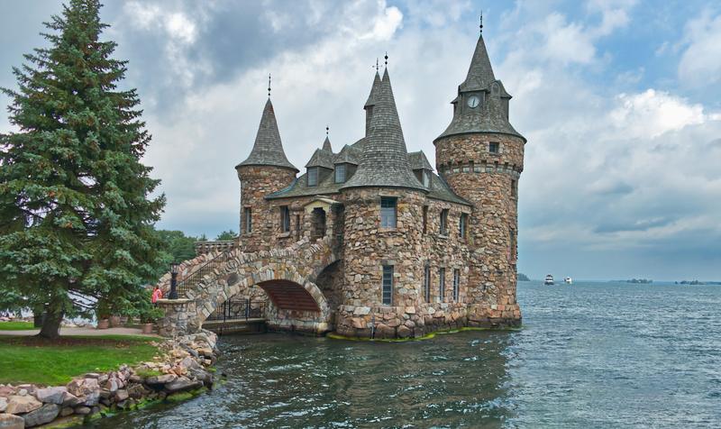 The Boldt Castle power house with its clock tower, on the water at Heart Island