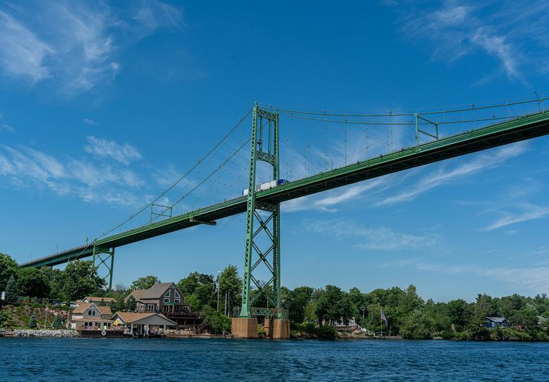 The green span of the Thousand Islands Bridge over the St. Lawrence River