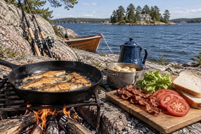 Fish frying in a cast iron skillet over a campfire on an island shore, with bacon, lettuce, tomato, and bread for BLTs